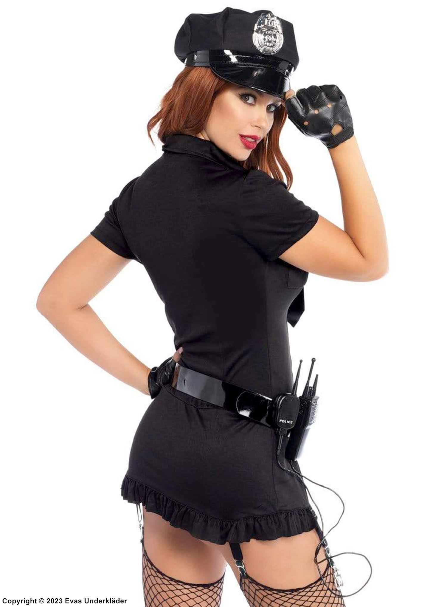 Politibetjent, kostyme-kjole, volangkant, belte, knapper